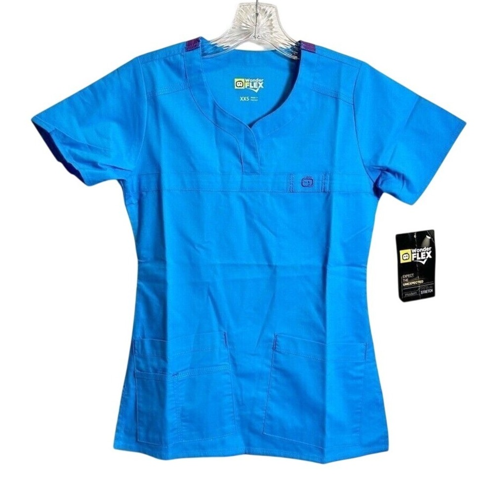 WonderFlex Scrub Top Women XXS‎ Turquoise Premium Stretch V-Neck Medical Dental